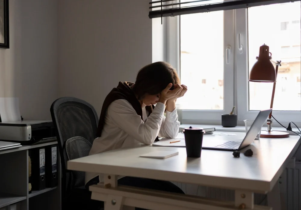 Kvinne ved skrivebord med hodet i hendene, tydelig stresset på jobb – illustrerer temaet forsta-arbeidsrelatert-stress i en moderne kontorsetting.