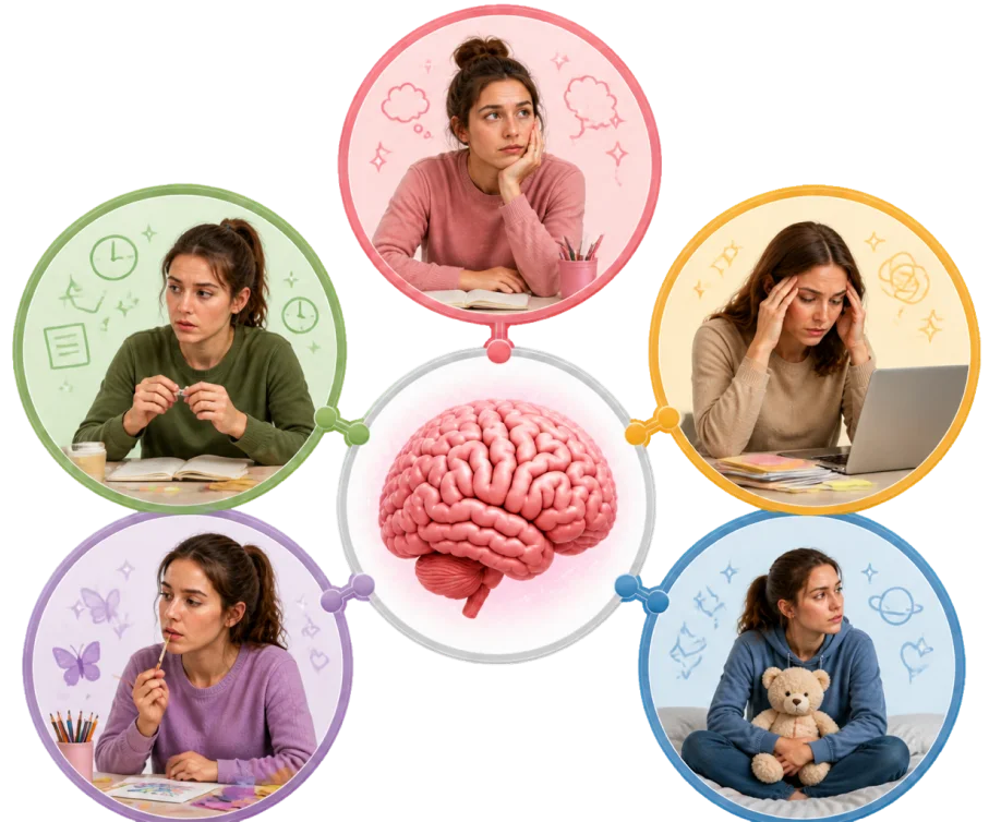 Five circular illustrations of a girl's varied ADHD experiences around a brain