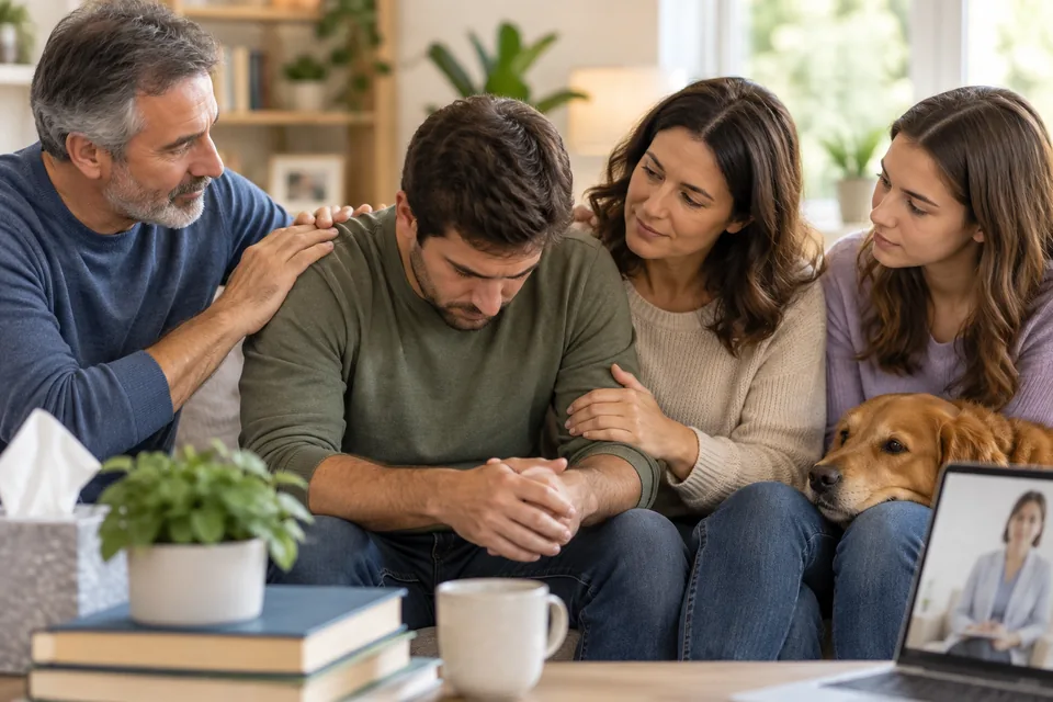 A family sitting together in conversation