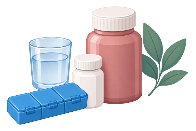 Illustration of ADHD medication, a pill organiser and a glass of water