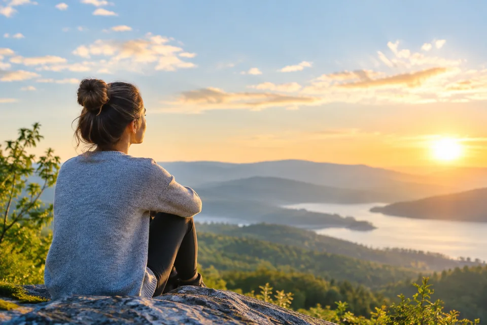 A person looking out over a calm landscape