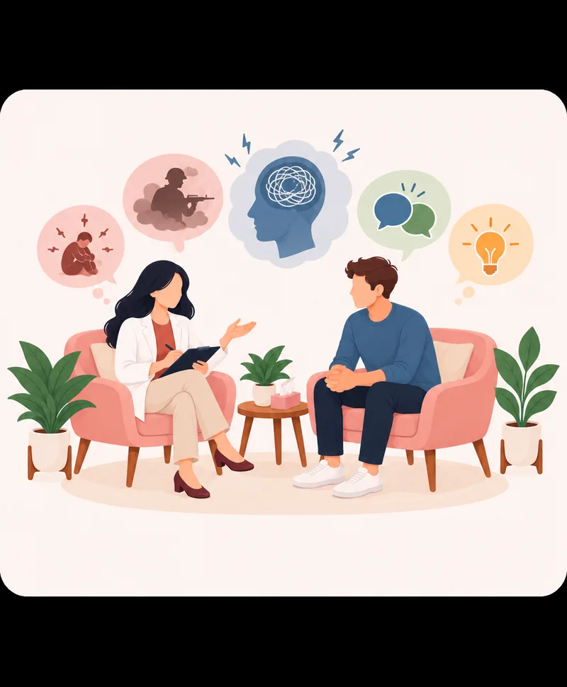 An illustration of a therapy session between a clinician and a patient