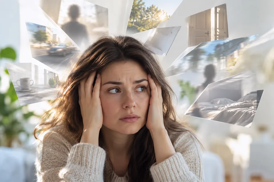 A person sitting alone with their hand to their forehead